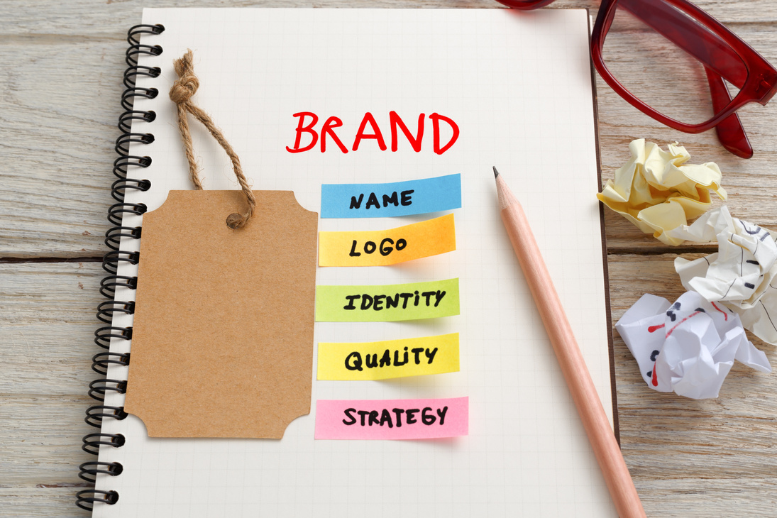 Brand marketing concept with brand tag on notebook